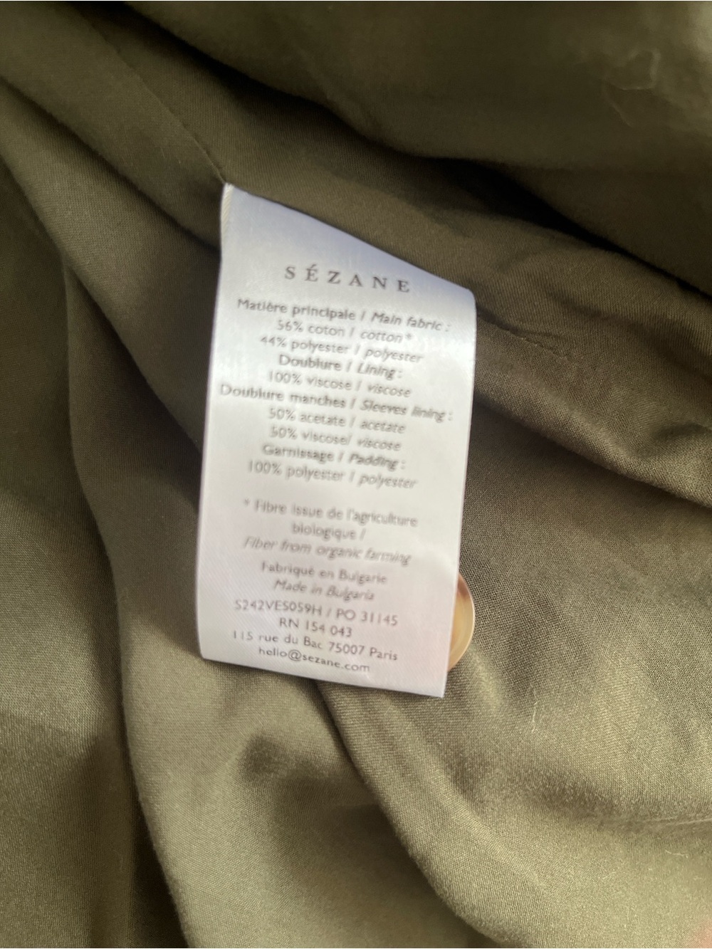 Sezane Will Jacket Quilted Olive Green Small NWT - Picture 6 of 8